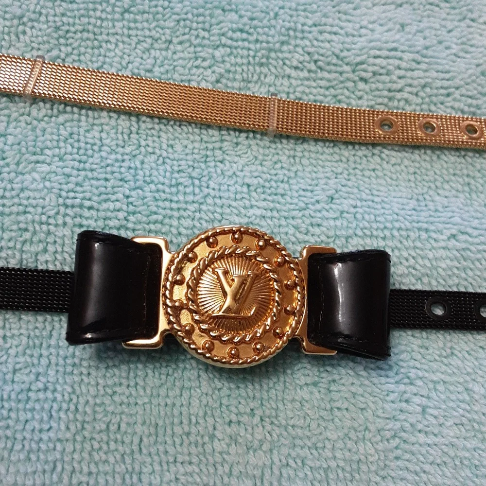 Versace-Inspired Black Leather Bracelet with Gold Medallion & Gold Mesh Strap